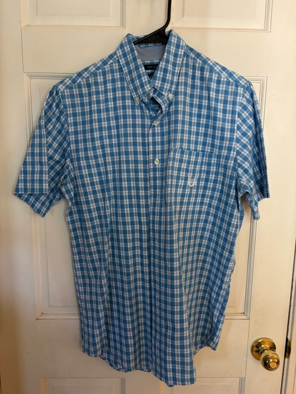 Chaps Blue and White Plaid Short-Sleeve Button-Down Shirt
